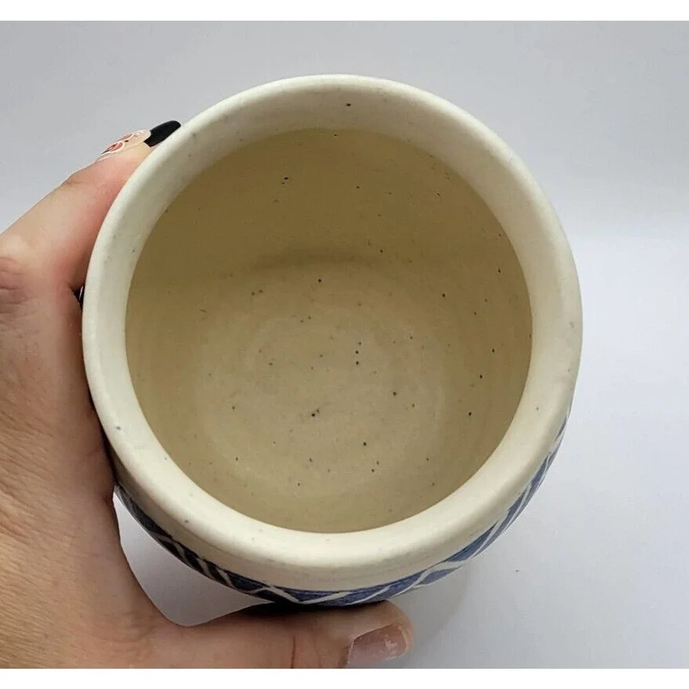 Studio Pottery Blue & White Geometric Pattern Signed 4